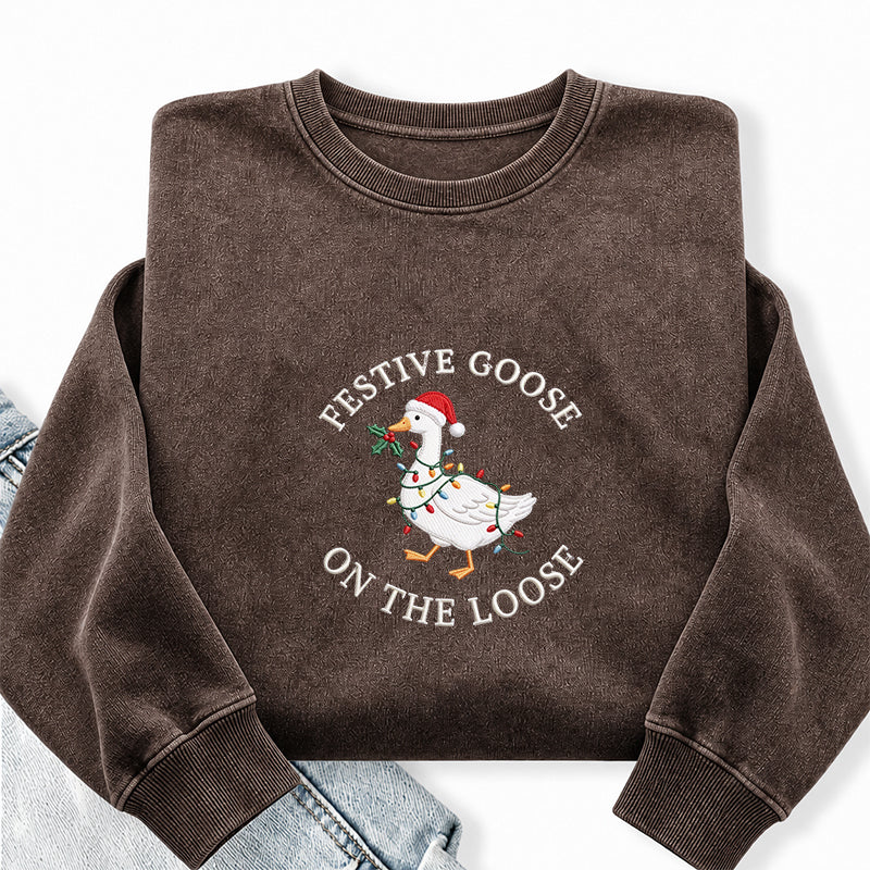 Embroidered Festive Goose On The Loose Washed Crewneck Sweatshirt