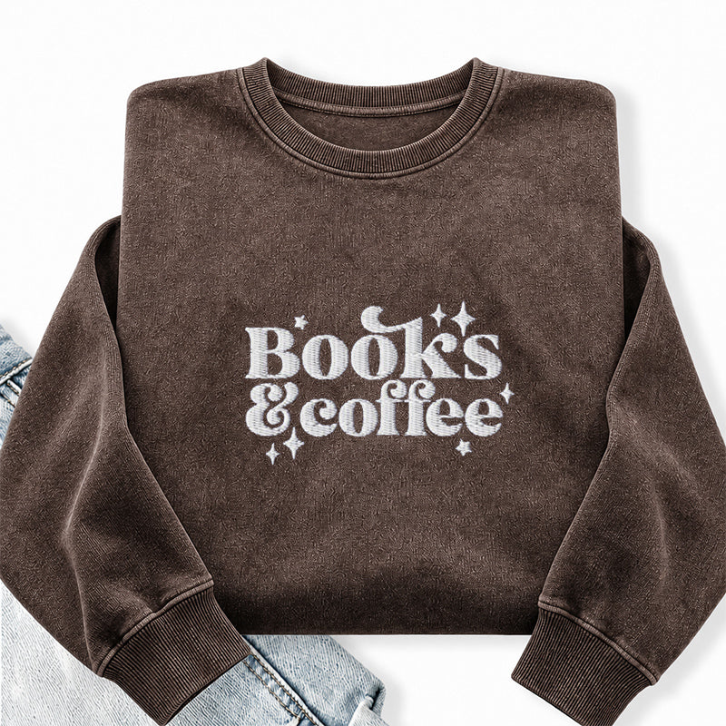 Embroidered Books & Coffee Washed Crewneck Sweatshirt