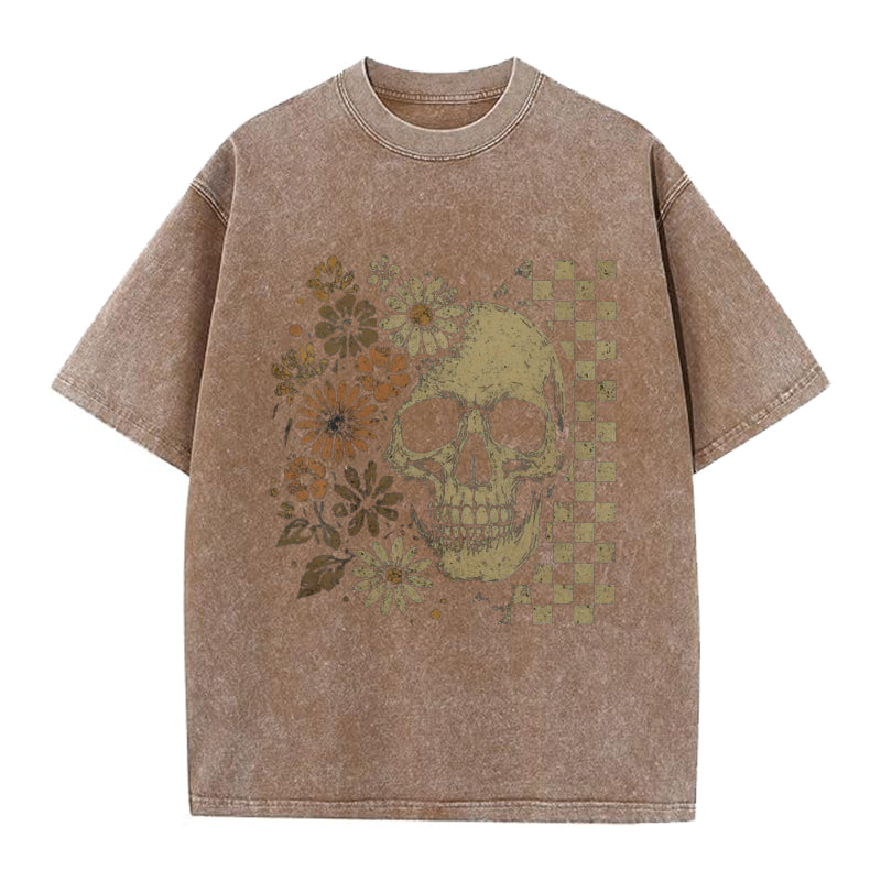 Vinatge Floral Skull Checkboard Washed Crew Neck T-Shirt