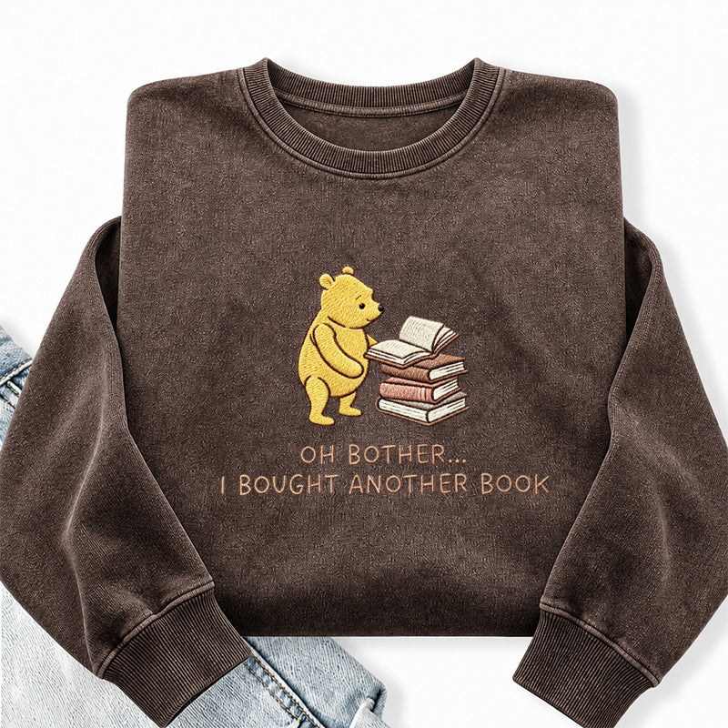 Embroidered Funny Bear Reading Books Washed Crewneck Sweatshirt