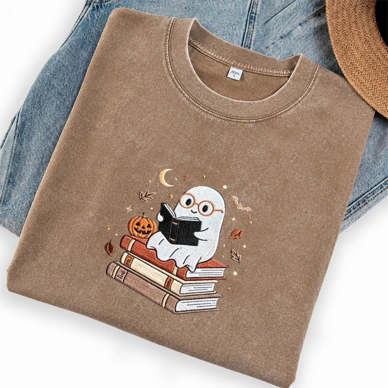 Embroidered Ghost Reading Books Washed Crew Neck T-Shirt