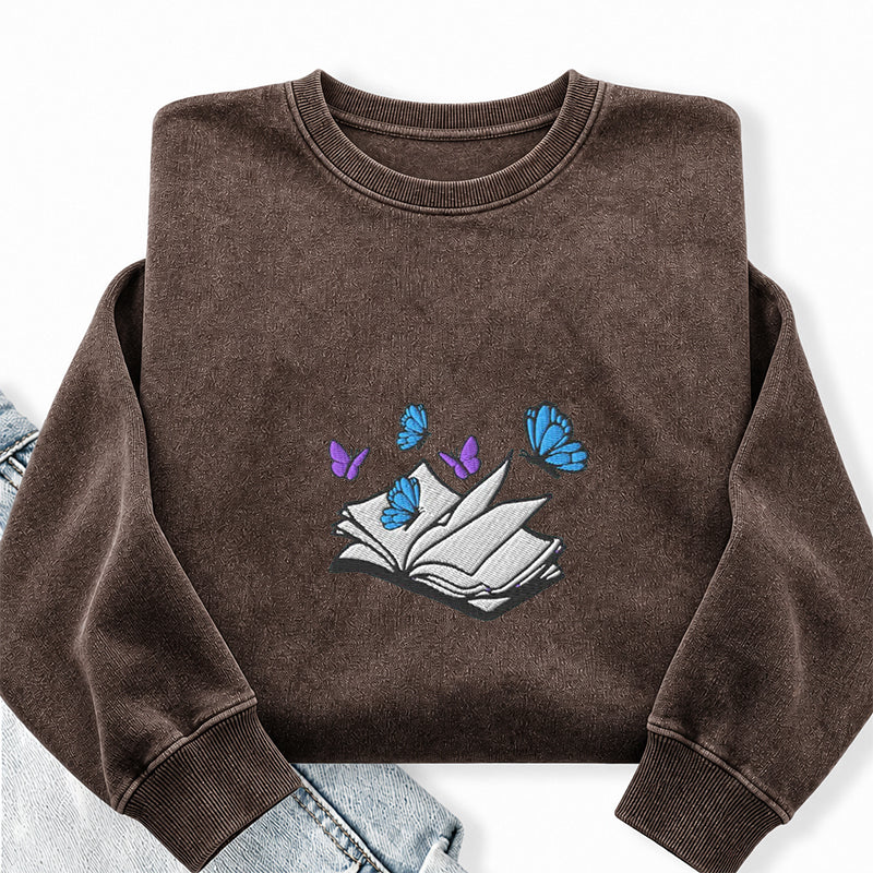 Embroidered Open Book With Butterflies Washed Crewneck Sweatshirt