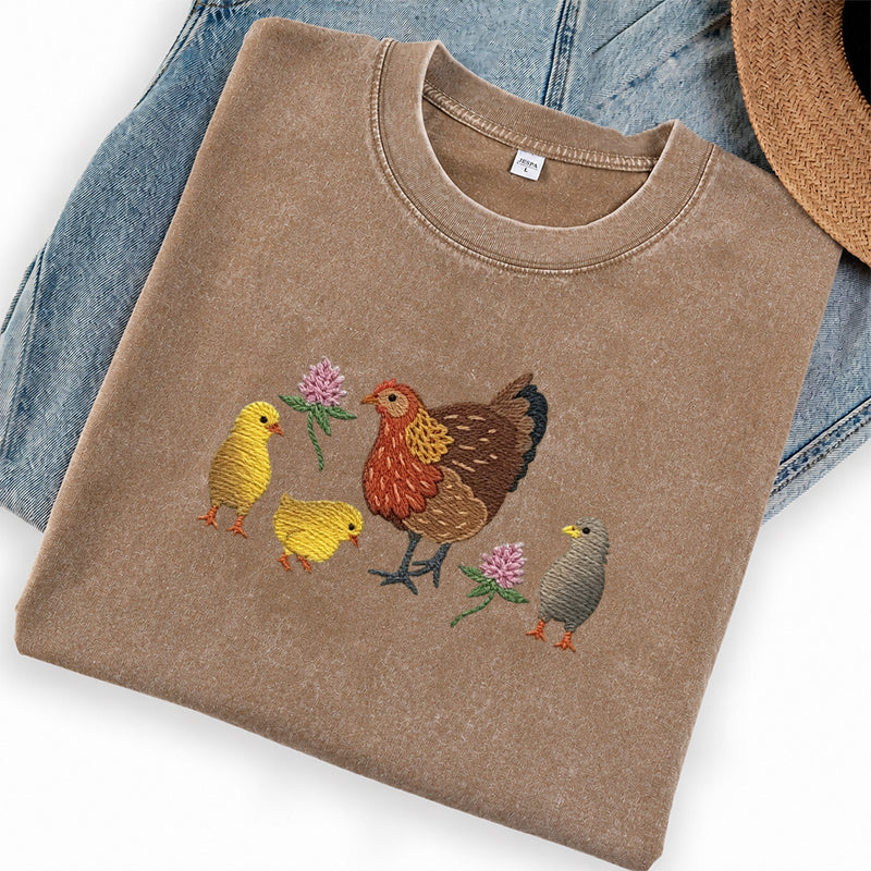 Embroidered Hen & Chicks Washed Crew Neck T-Shirt