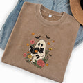Embroidered Floral Ghost Reading Washed Crew Neck T-Shirt