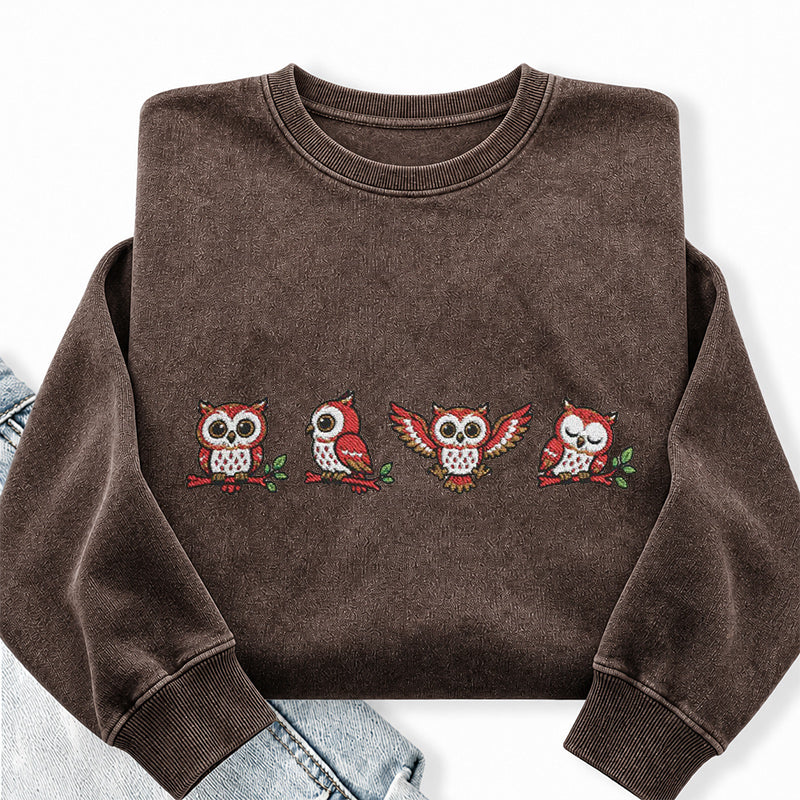 Embroidered Woodland Owls Washed Crewneck Sweatshirt