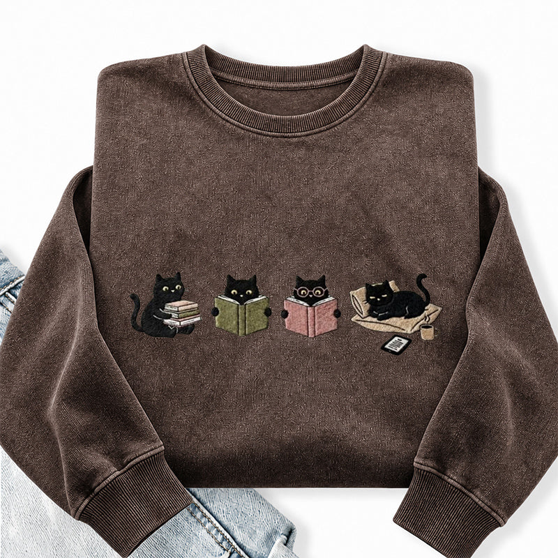 Embroidered Black Cat Reading Washed Crewneck Sweatshirt