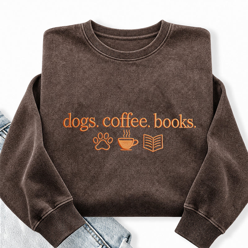 Embroidered Dogs Coffee Books Washed Crewneck Sweatshirt