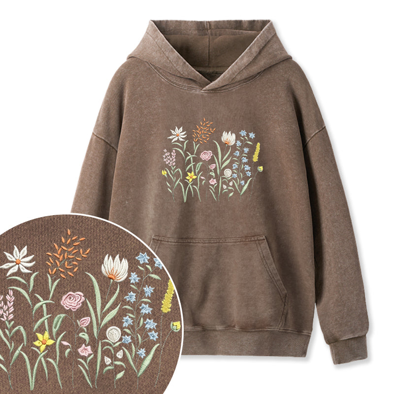 Embroidered Cute Wildflowers Washed Hoodie