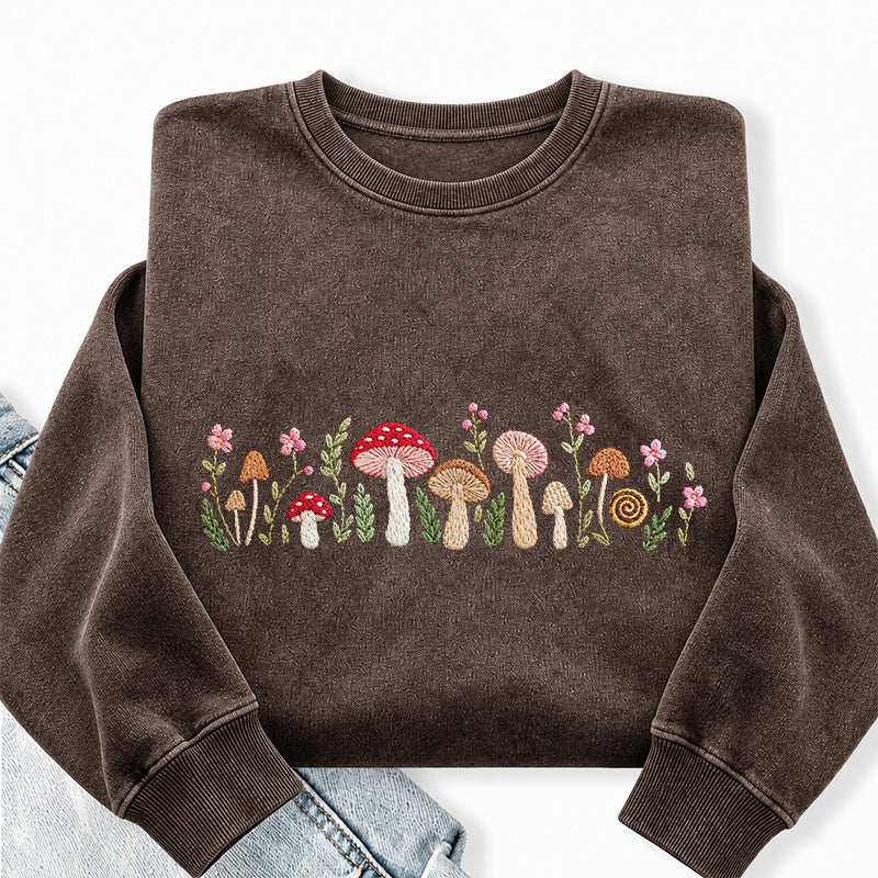 Embroidered Enchanted Mushroom Washed Crewneck Sweatshirt