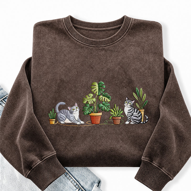 Embroidered Plants And Cat Washed Crewneck Sweatshirt