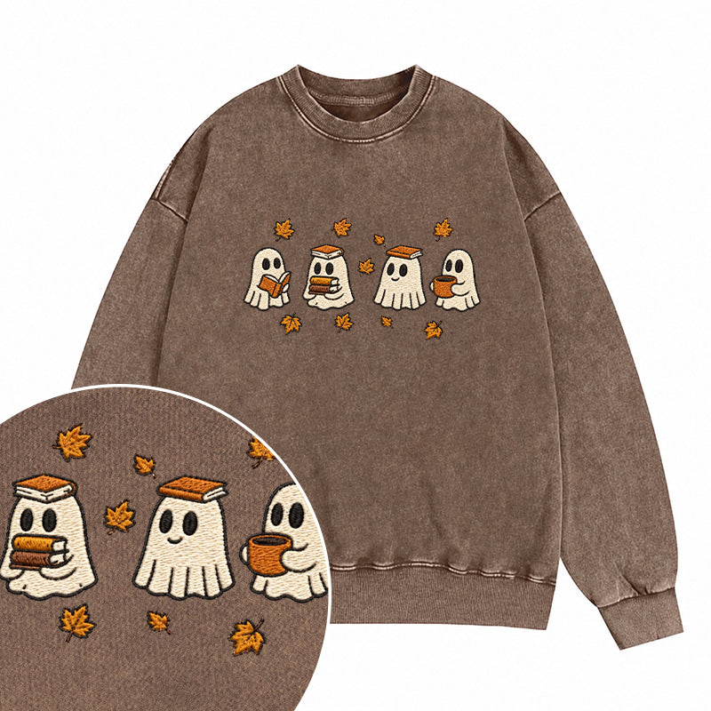 Embroidered Autumn Bookish Ghost Washed Crewneck Sweatshirt