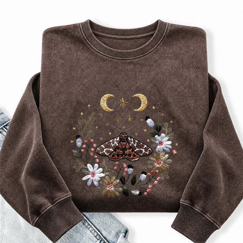 Embroidered Cottagecore Moth Washed Crewneck Sweatshirt