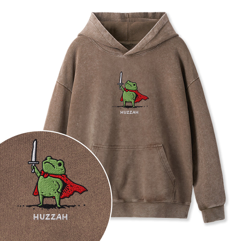 Embroidered Huzzah Frog with Sword Washed Hoodie