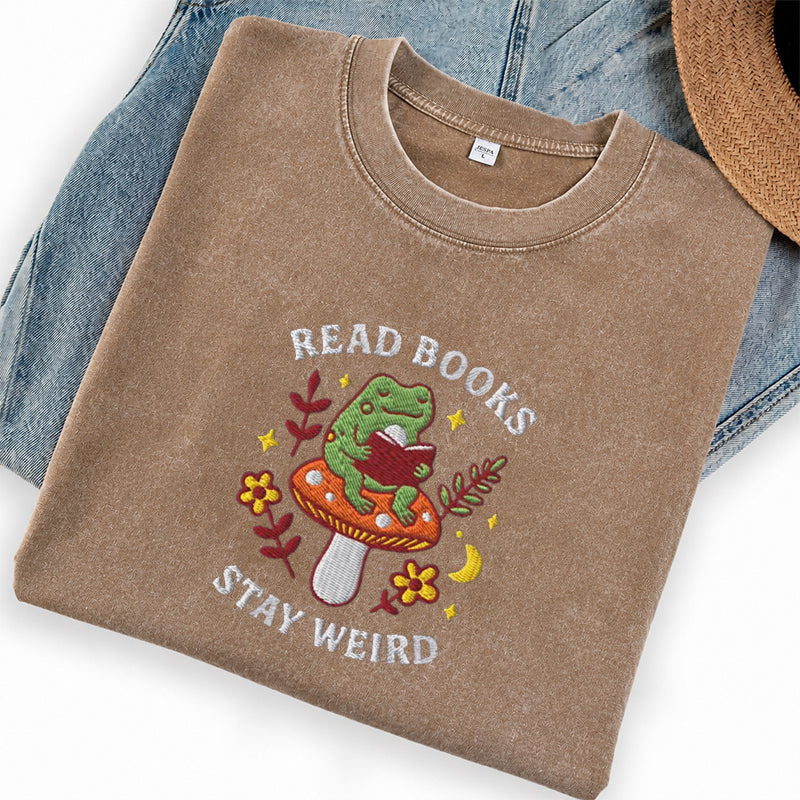 Embroidered Read Books Stay Weird Reading Frog Washed Crew Neck T-Shirt
