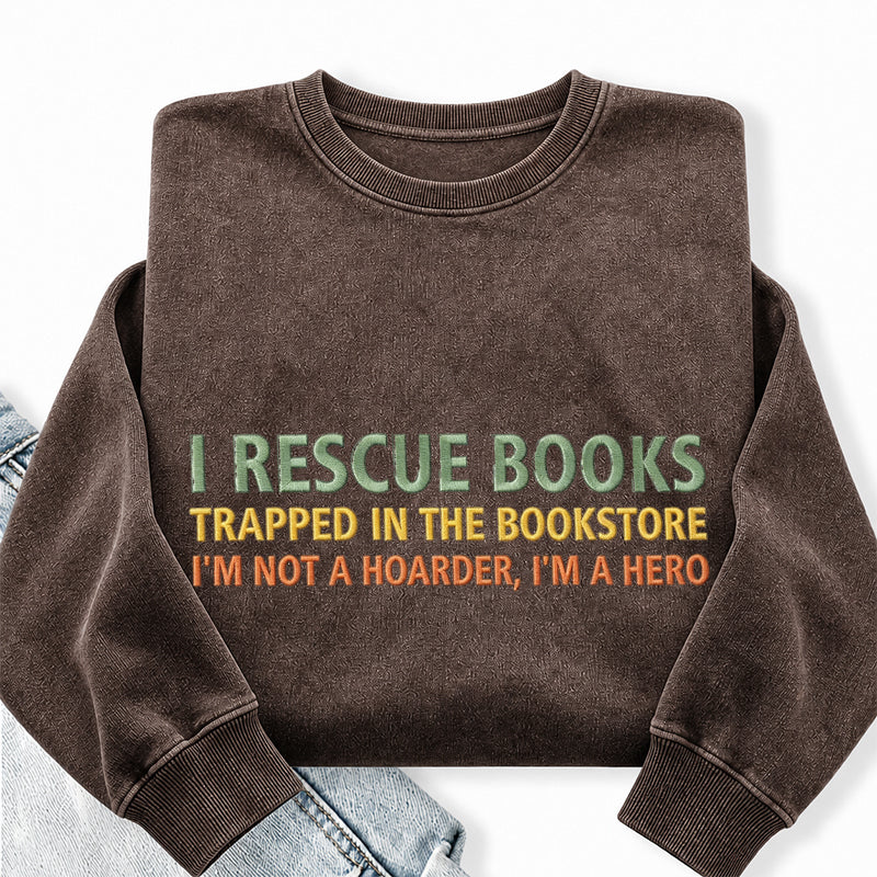 Embroidered I Rescue Books Washed Crewneck Sweatshirt