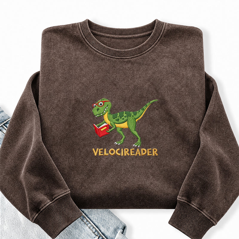 Embroidered Velocireader Dinosaur Reading Washed Crewneck Sweatshirt