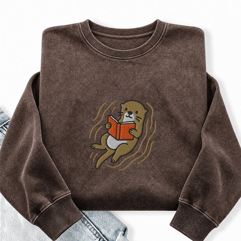 Embroidered Otter Read Book Washed Crewneck Sweatshirt
