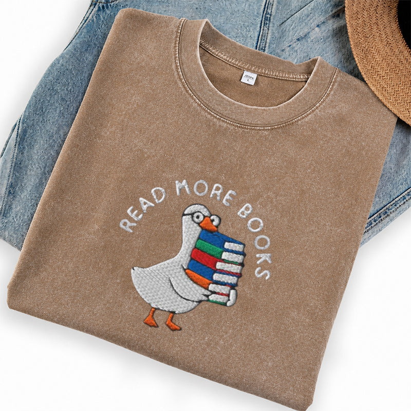 Embroidered Goose Read More Books Washed Crew Neck T-Shirt