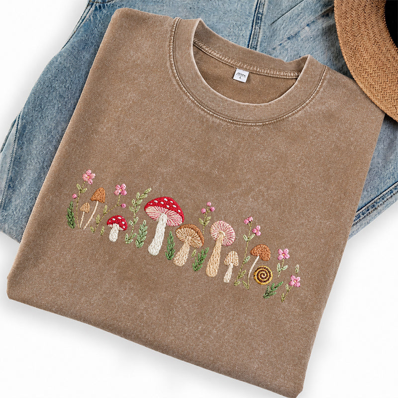 Embroidered Enchanted Mushroom Washed Crew Neck T-Shirt