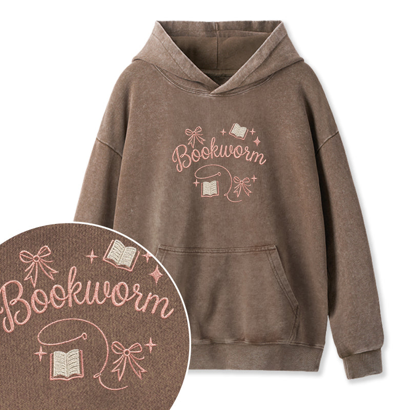 Embroidered Funny Bookworm Washed Hoodie