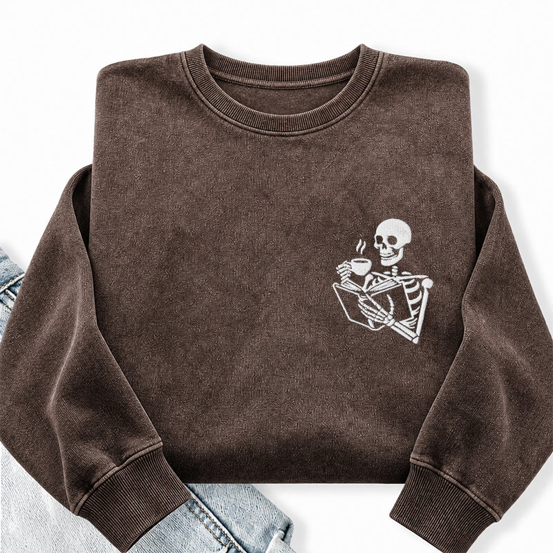 Embroidered Skeleton Coffee And Books Washed Crewneck Sweatshirt