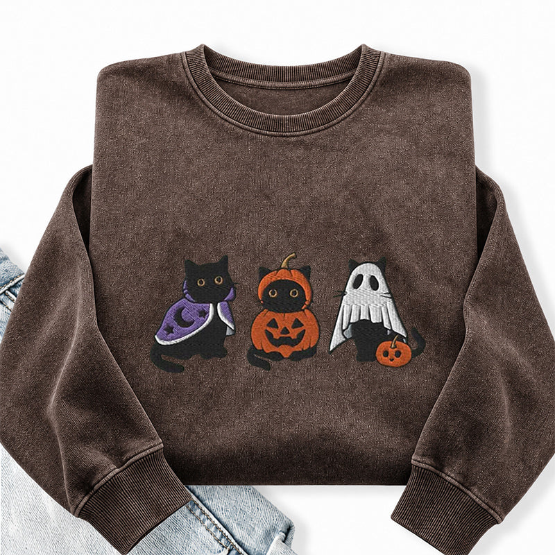 Embroidered Funny Halloween Black Cats Washed Crewneck Sweatshirt