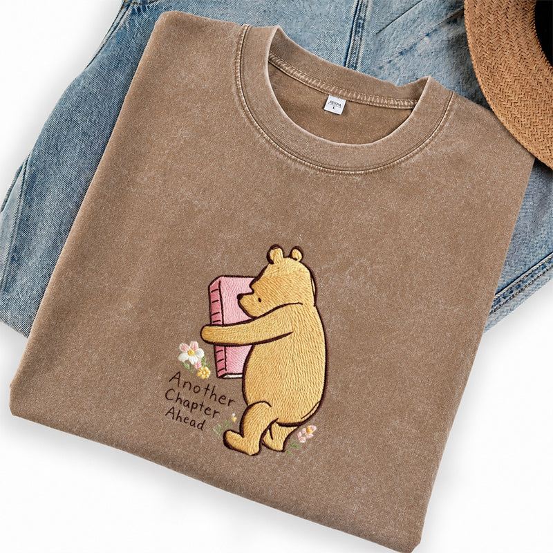 Embroidered Reading Bear Another Chapter Washed Crew Neck T-Shirt