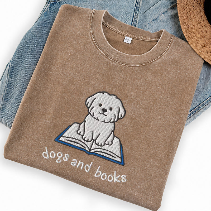 Embroidered Dogs and Books Washed Crew Neck T-Shirt