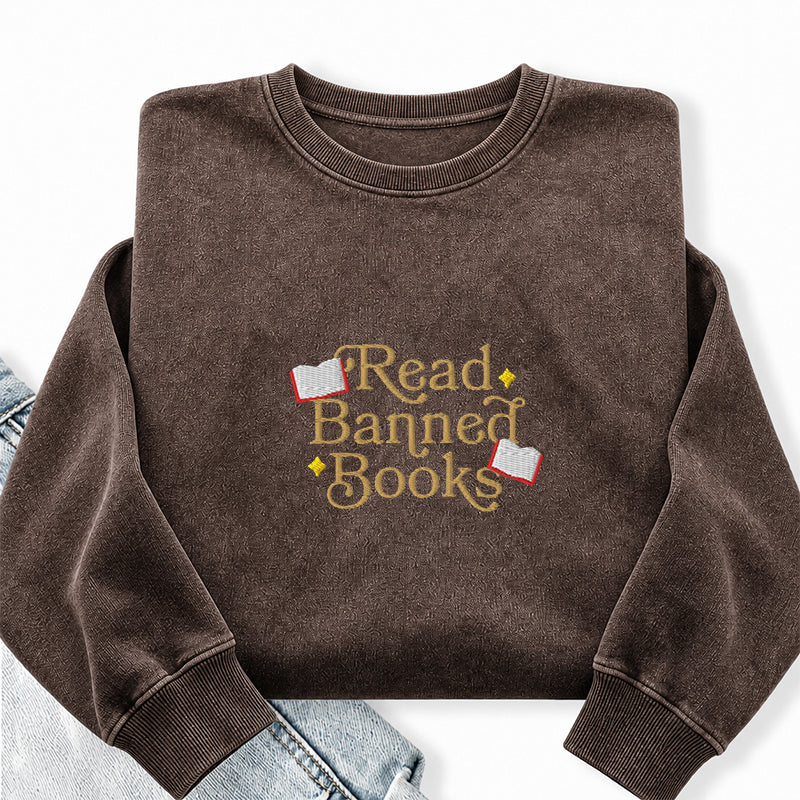 Embroidered Read Banned Books Washed Crewneck Sweatshirt