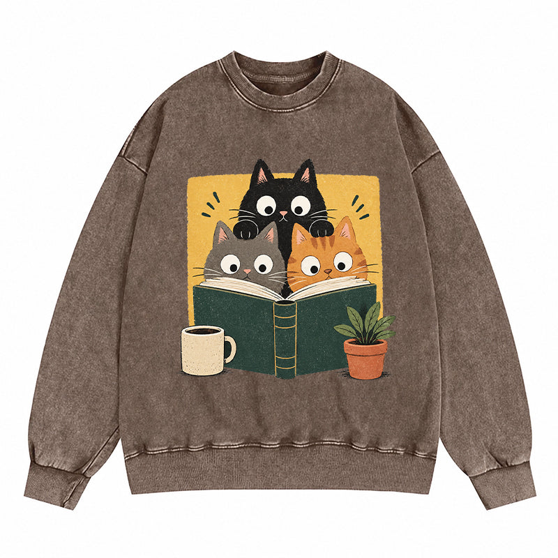 Retro Curious Reading Cats Washed Crewneck Sweatshirt
