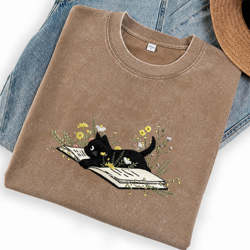 Embroidered Floral Book Cat Washed Crew Neck T-Shirt