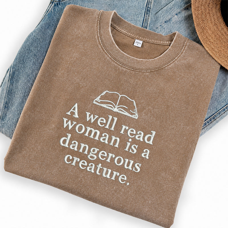 Embroidered A Well Read Woman Washed Crew Neck T-Shirt