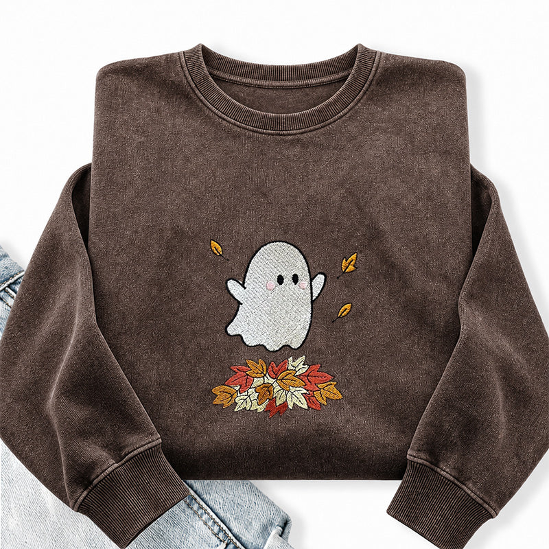 Embroidered Fall Ghost Washed Crewneck Sweatshirt