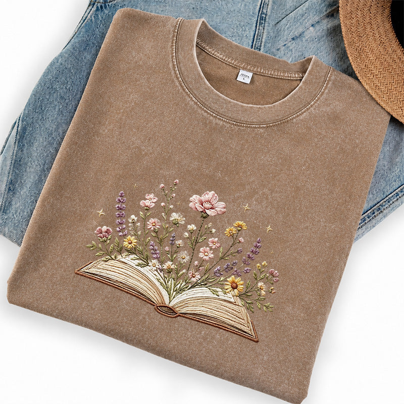 Embroidered Floral Book Washed Crew Neck T-Shirt