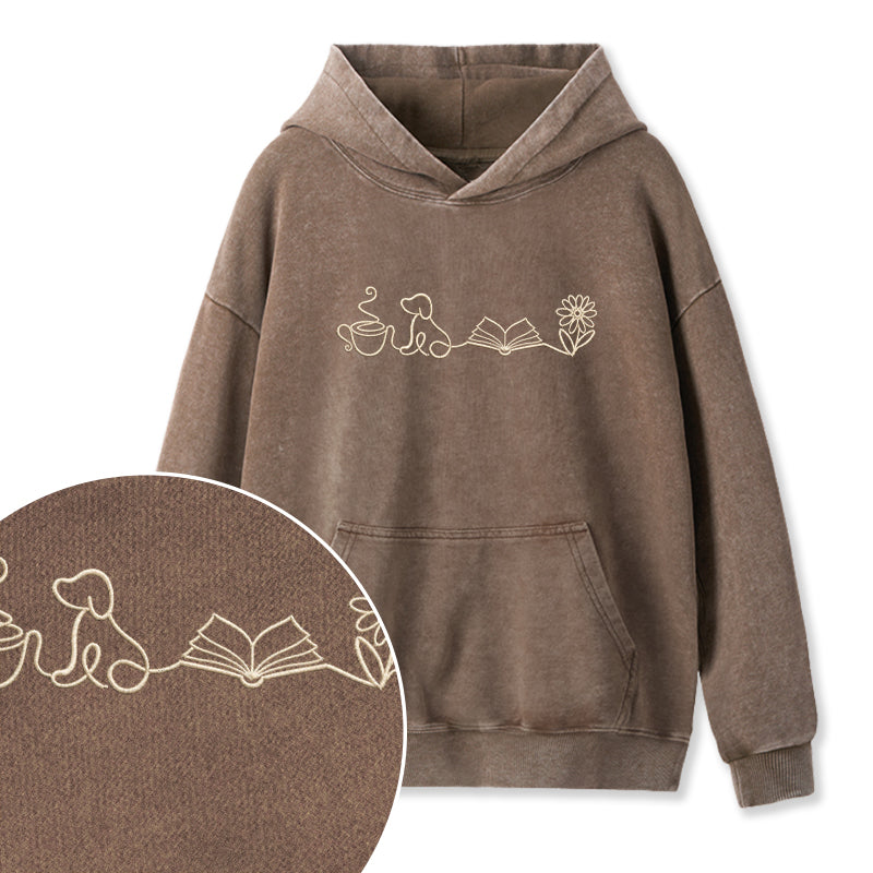 Embroidered Coffee Dog Book Flowers Washed Hoodie