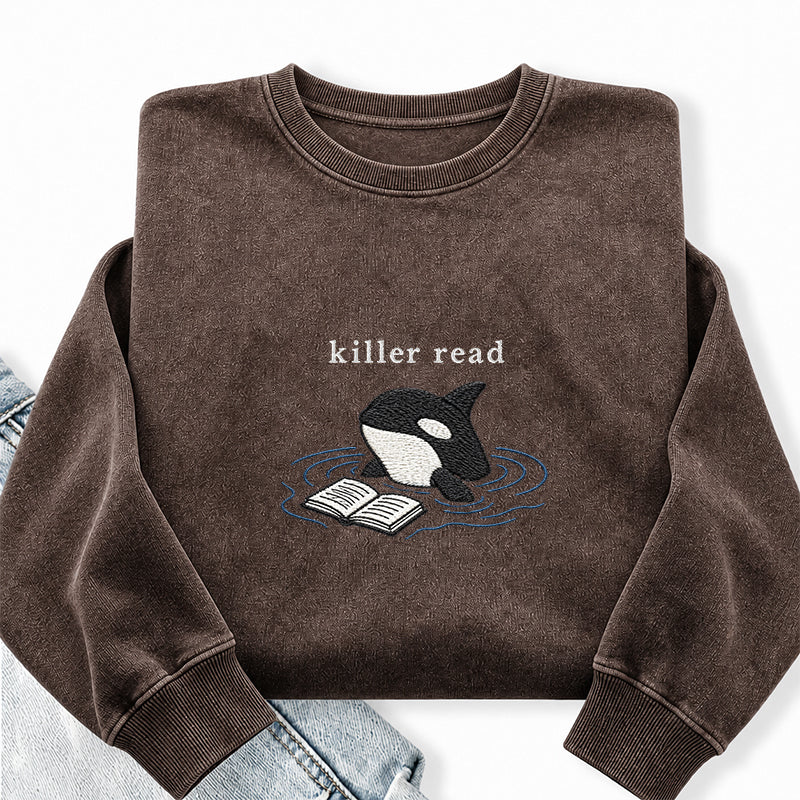 Embroidered Killer Read Orca Washed Crewneck Sweatshirt