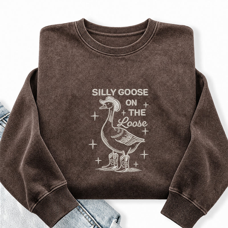 Embroidered Cowboy Silly Goose On The Loose Washed Crewneck Sweatshirt