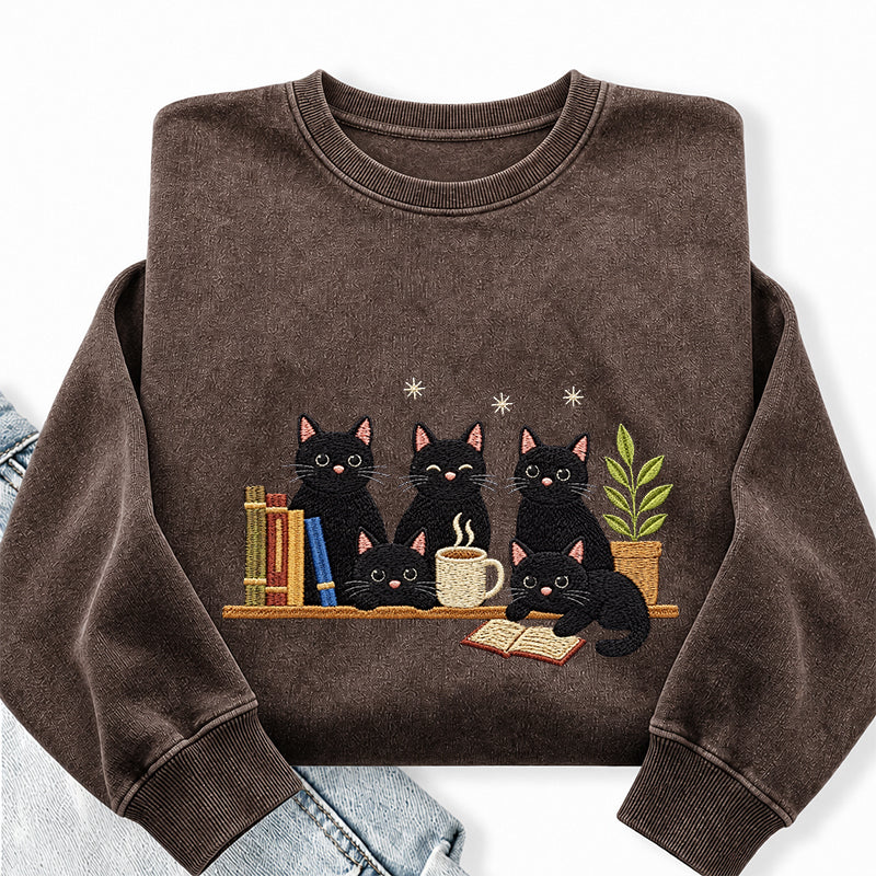 Embroidered Black Cat On Bookshelf Washed Crewneck Sweatshirt