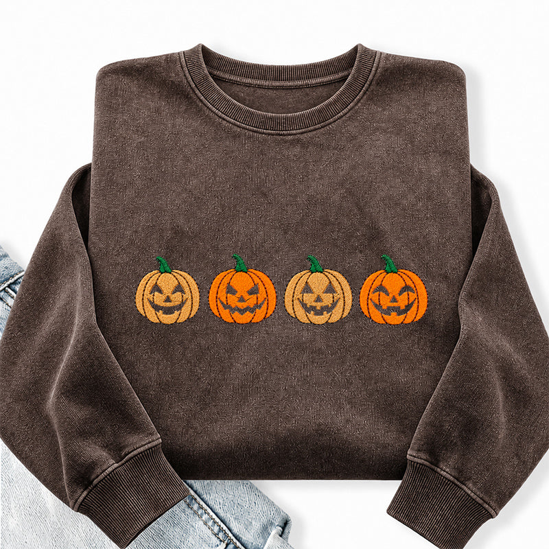 Embroidered Halloween Pumpkins Washed Crewneck Sweatshirt