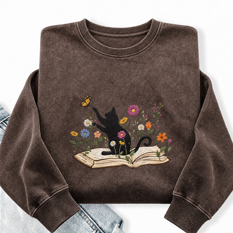 Embroidered Floral Book Cat Washed Crewneck Sweatshirt