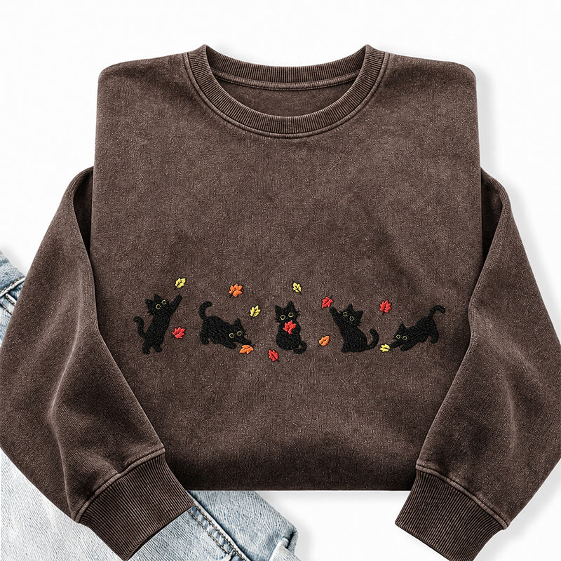 Embroidered Autumn Leaves Black Cats Washed Crewneck Sweatshirt