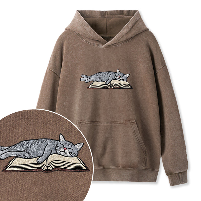 Embroidered Cat Sleeping On Book Washed Hoodie