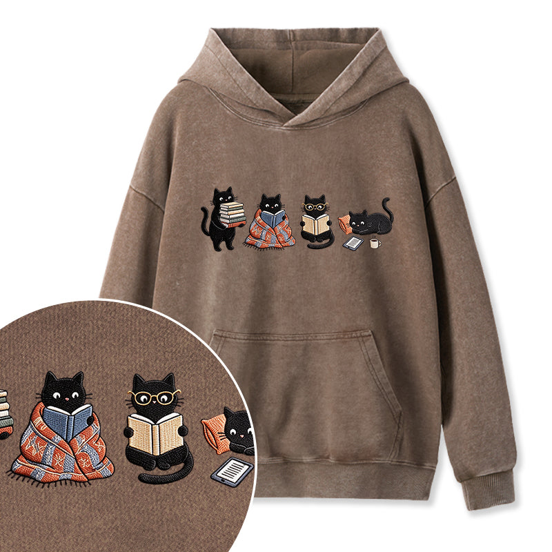 Embroidered Bookish Black Cats Washed Hoodie