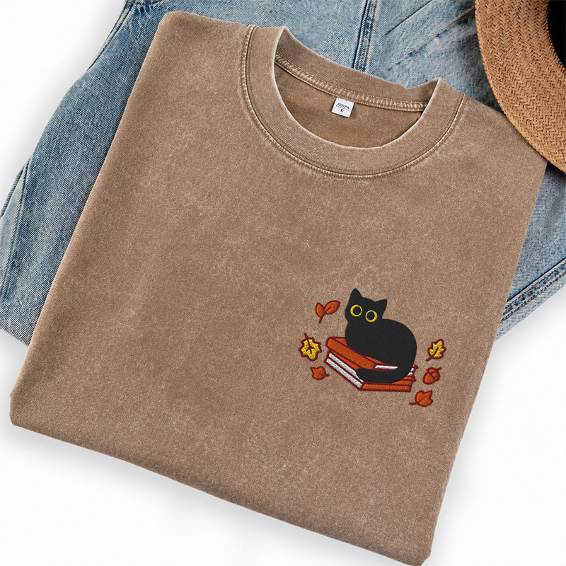 Embroidered Autumn Black Cat Book Washed Crew Neck T-Shirt