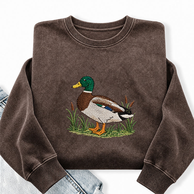Embroidered Mallard Duck Washed Crewneck Sweatshirt