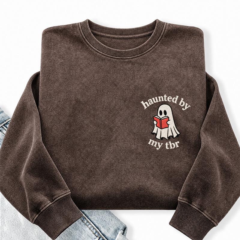 Embroidered Haunted By My TBR Washed Crewneck Sweatshirt