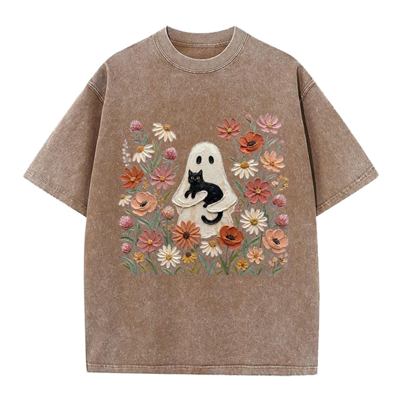 Black Cat Floral Ghost Washed Crew Neck T-Shirt