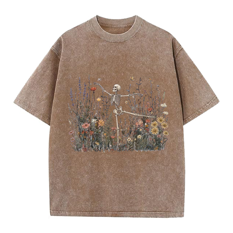 Dancing Skeleton In The Garden Washed Crew Neck T-Shirt