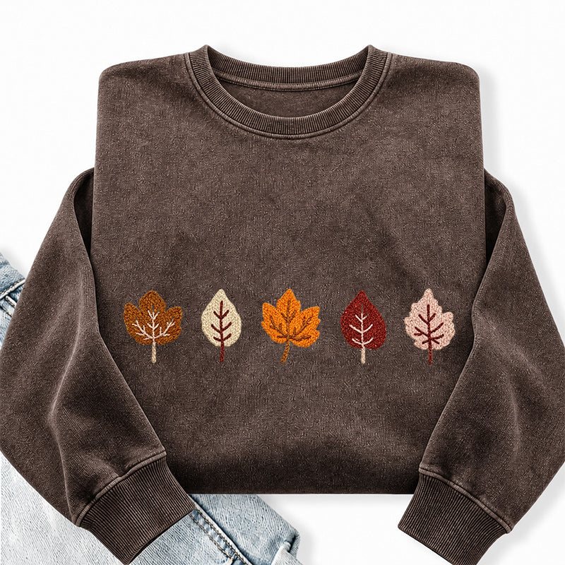 Embroidered Fall Leaves Washed Crewneck Sweatshirt
