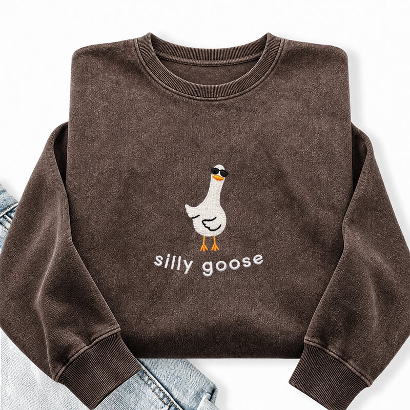 Embroidered Funny Silly Goose Washed Crewneck Sweatshirt